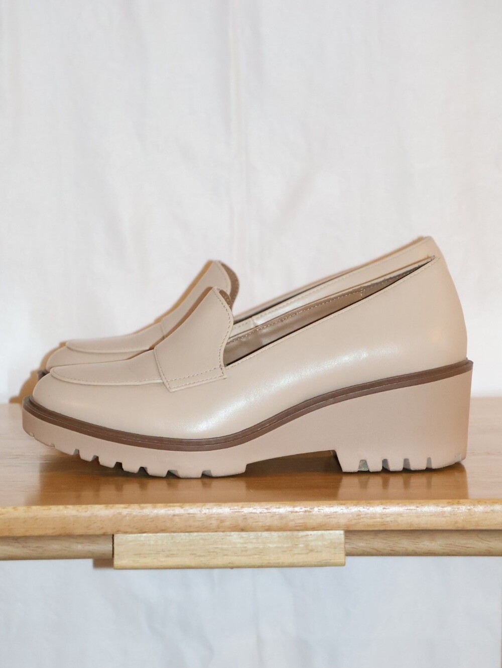 Soda "Smart" Round Toe Slip On Low Wedge Heel Lug Sole Loafer Shoes-Cream.